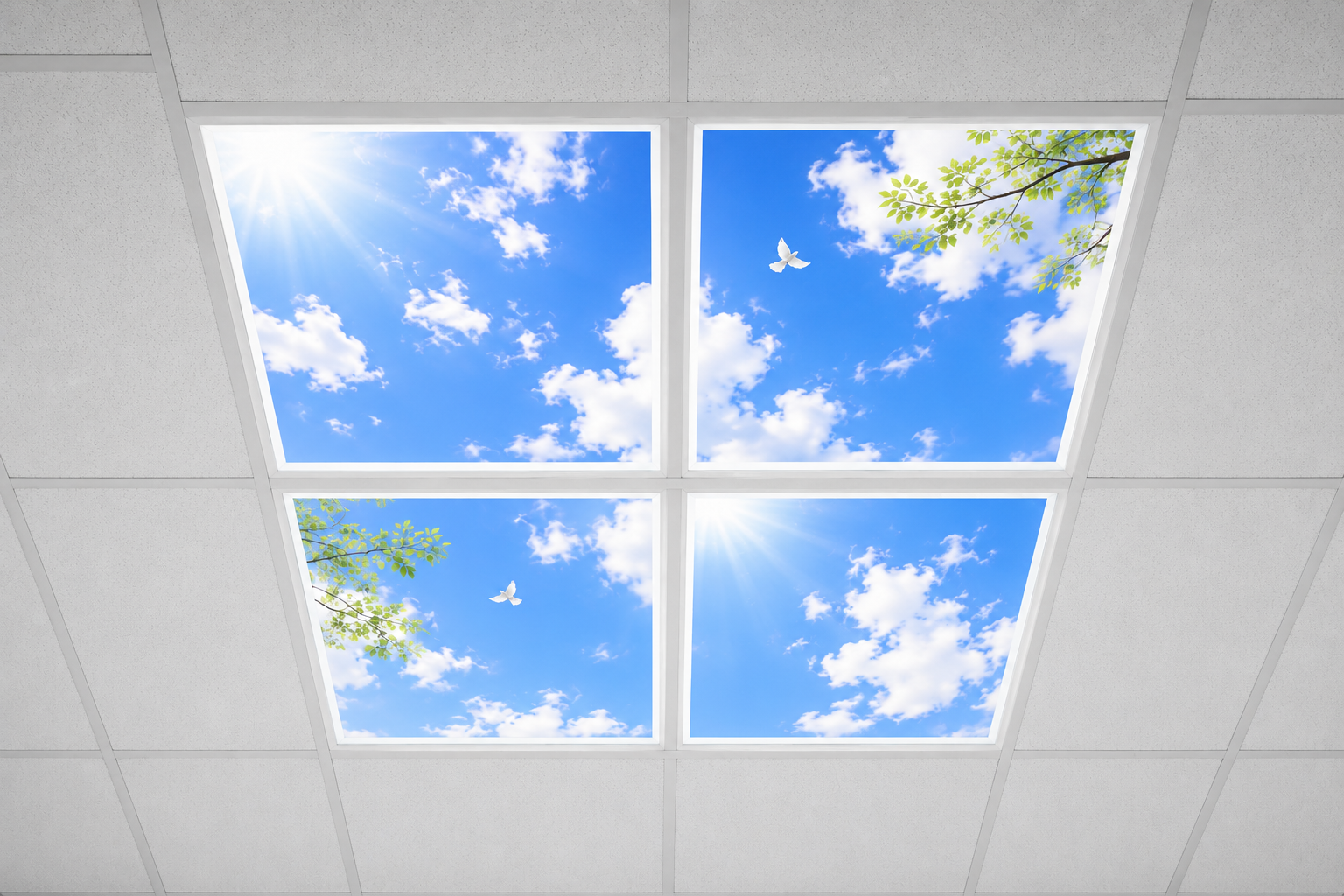 Pack of 4 LED Sky Panel Lights 600x600mm 40W Suspended Ceiling Panels – Blue Sky Cloud Skylight Effect