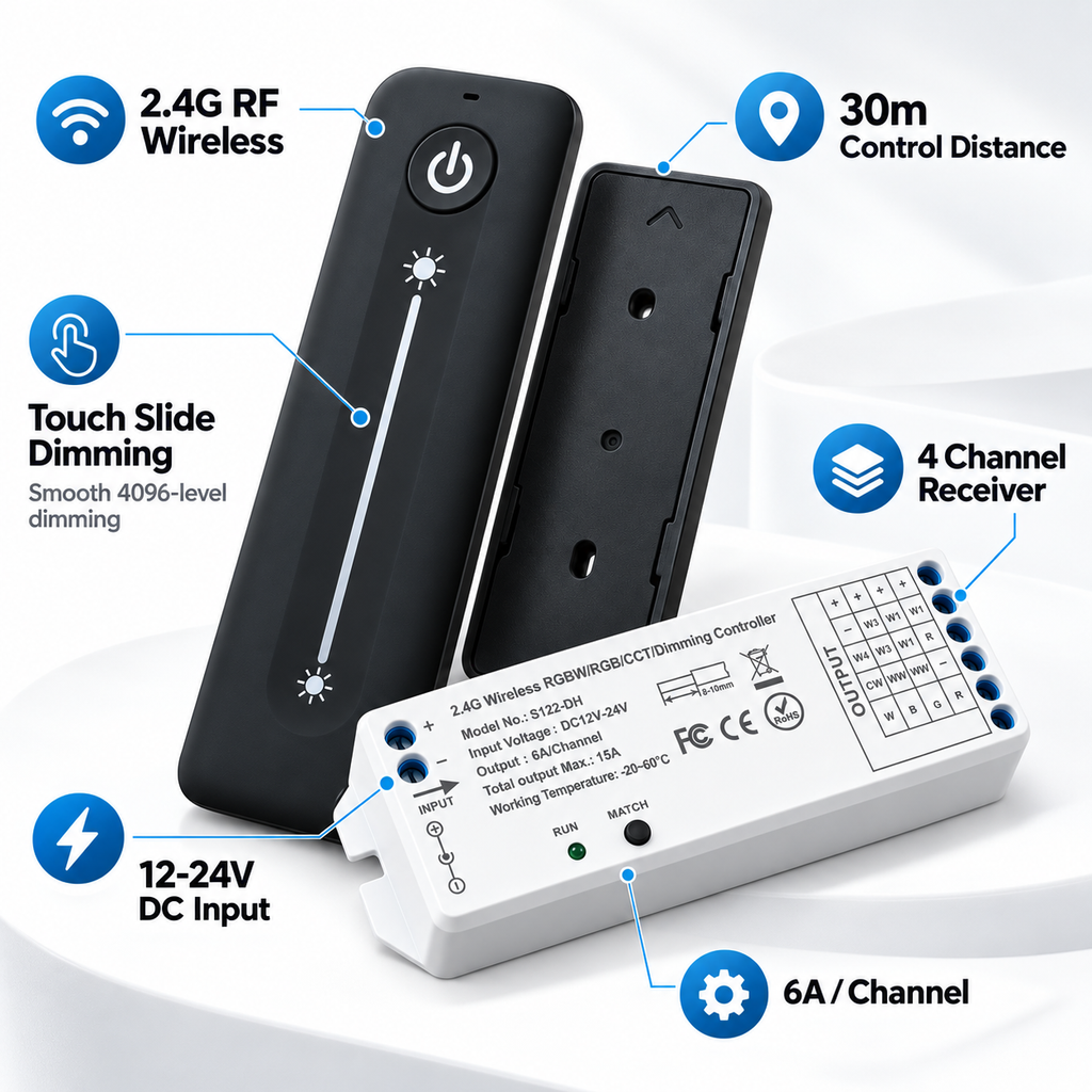Wireless Led Strip Kit Wireless LED Dimmer 12V 24V | RF Touch Remote & Magnetic Wall Mount