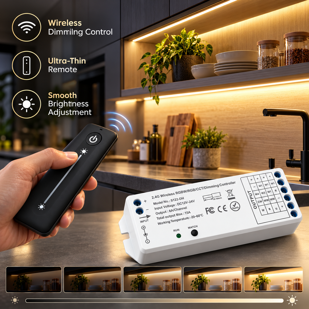 Wireless Led Strip Kit Wireless LED Dimmer 12V 24V | RF Touch Remote & Magnetic Wall Mount