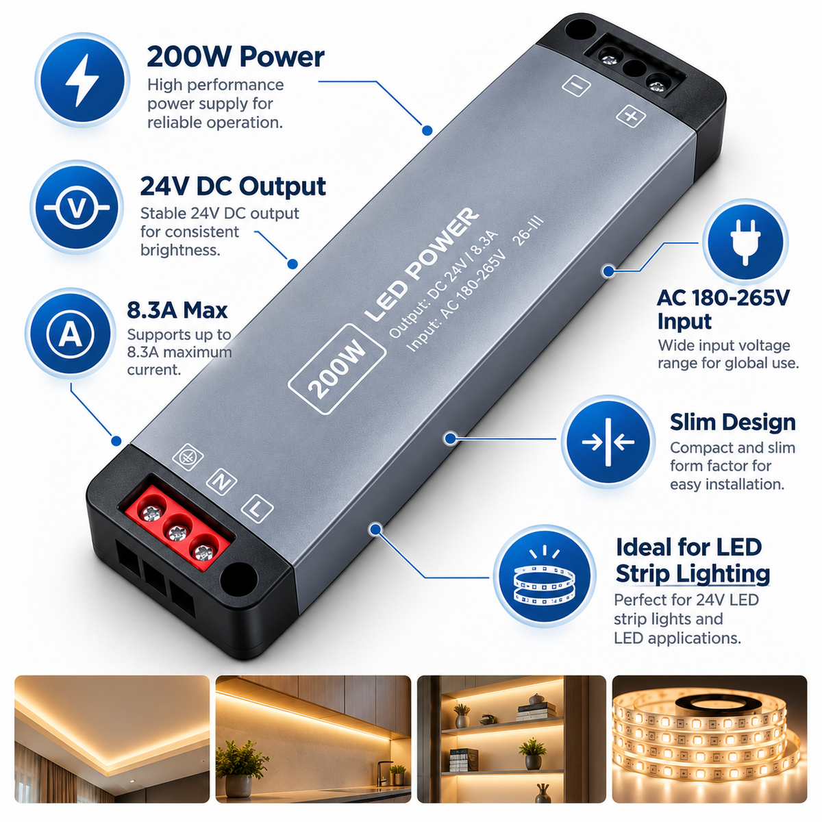 200W 24V LED Driver Power Supply – New Generation Ultra Slim LED Transformer