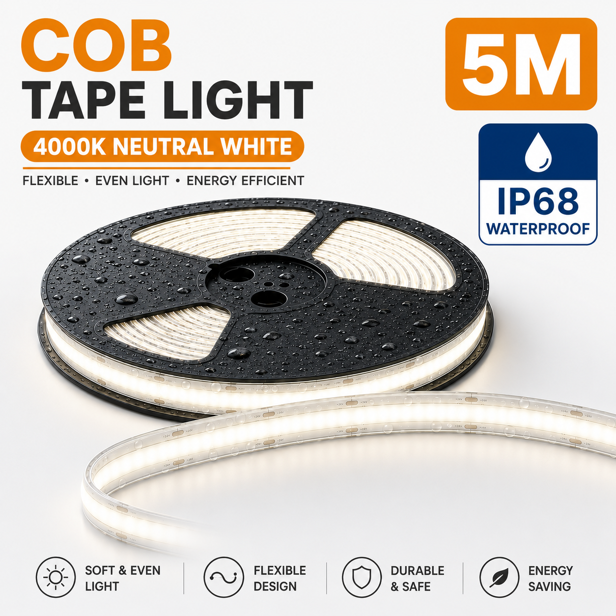 24V COB LED Strip Light Neutral White 4000K – IP68 Waterproof Dotless Super Bright Self-Adhesive LED Tape, 1m–100m