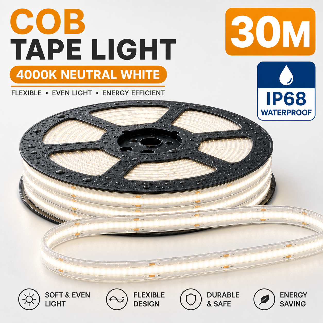 24V COB LED Strip Light Neutral White 4000K – IP68 Waterproof Dotless Super Bright Self-Adhesive LED Tape, 1m–100m