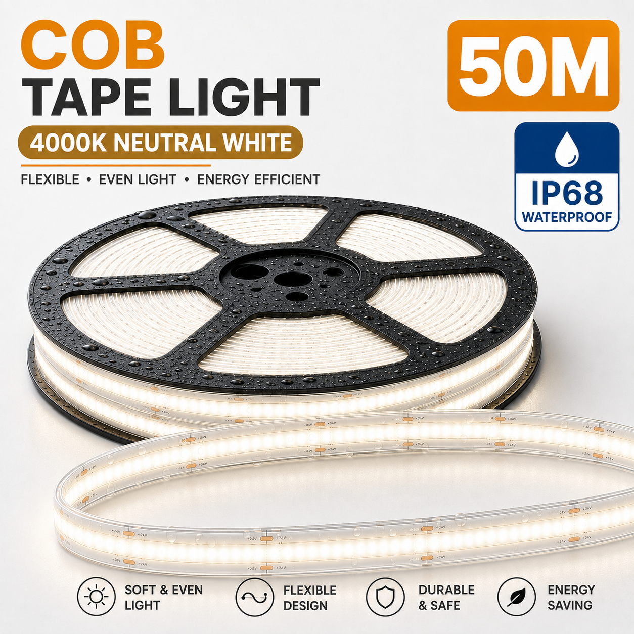 24V COB LED Strip Light Neutral White 4000K – IP68 Waterproof Dotless Super Bright Self-Adhesive LED Tape, 1m–100m
