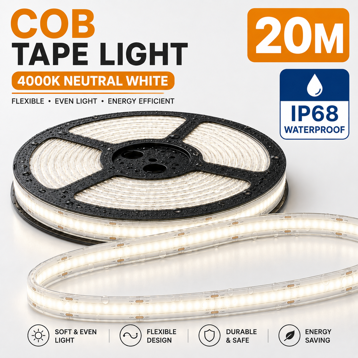 24V COB LED Strip Light Neutral White 4000K – IP68 Waterproof Dotless Super Bright Self-Adhesive LED Tape, 1m–100m