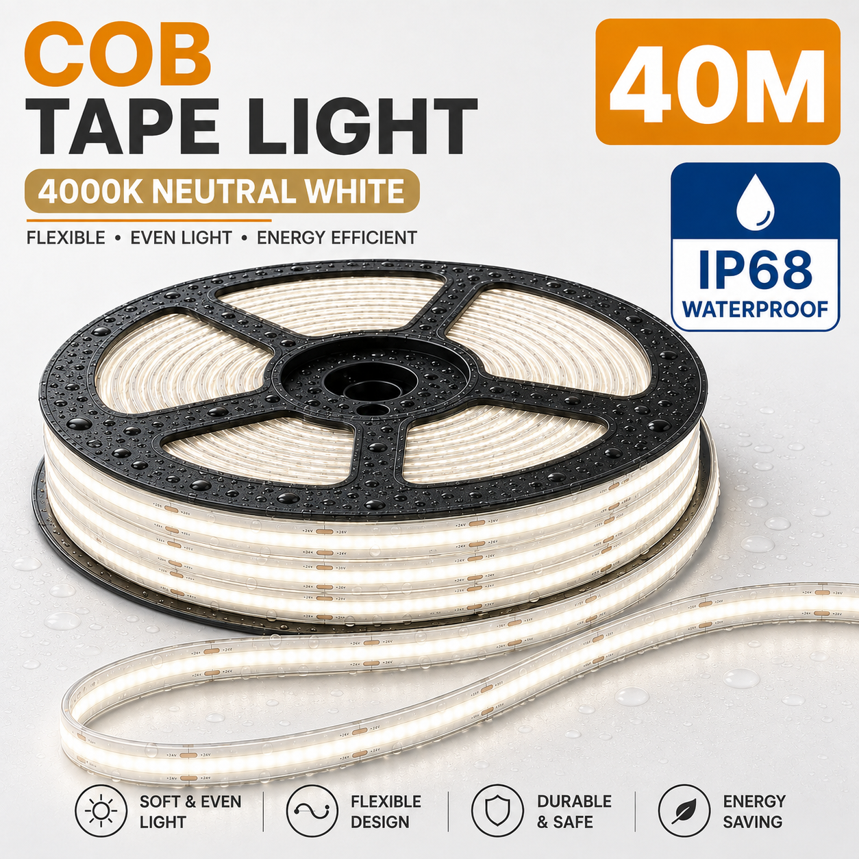 24V COB LED Strip Light Neutral White 4000K – IP68 Waterproof Dotless Super Bright Self-Adhesive LED Tape, 1m–100m