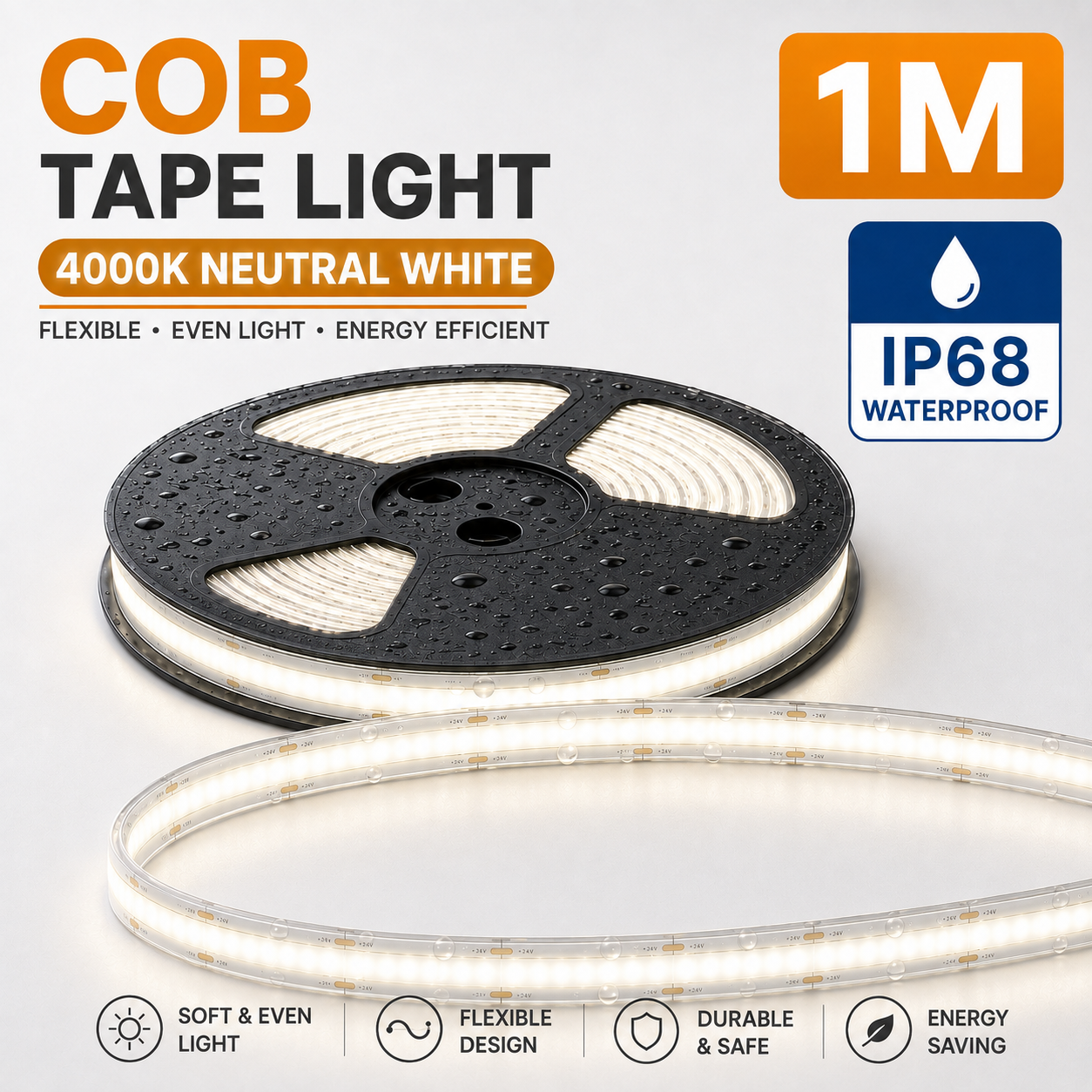 24V COB LED Strip Light Neutral White 4000K – IP68 Waterproof Dotless Super Bright Self-Adhesive LED Tape, 1m–100m