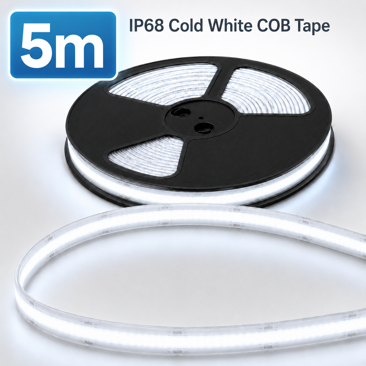 24V COB LED Strip Light Cold White 6500K – IP68 Waterproof Dotless Super Bright Self-Adhesive LED Tape, 1m–100m