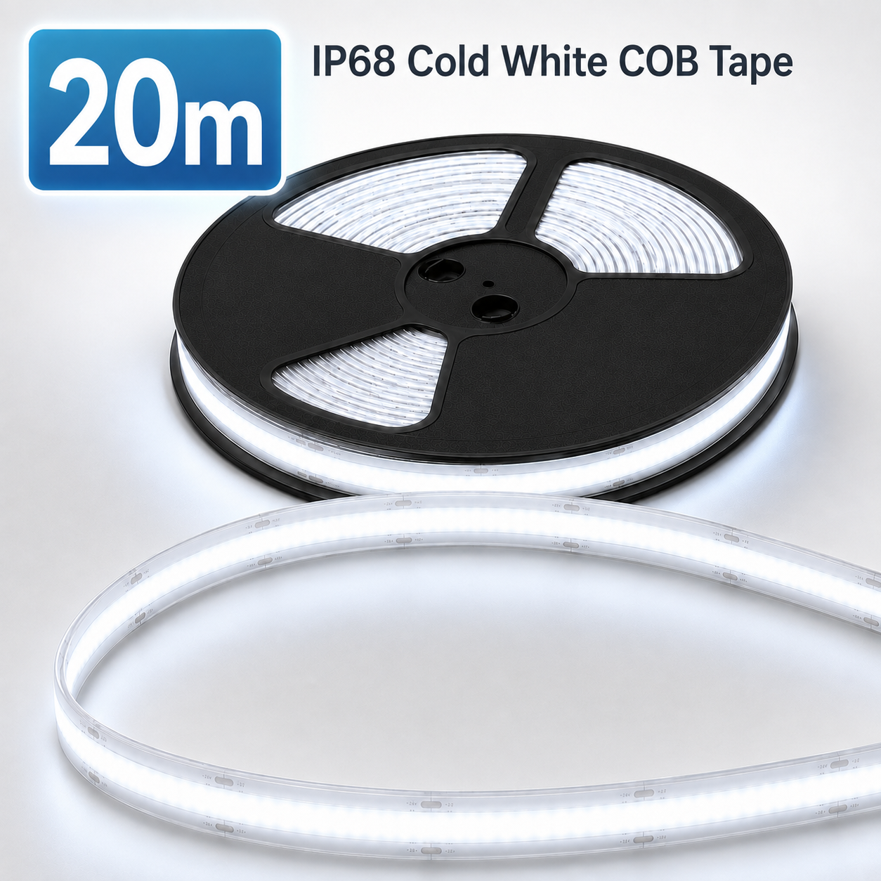 24V COB LED Strip Light Cold White 6500K – IP68 Waterproof Dotless Super Bright Self-Adhesive LED Tape, 1m–100m
