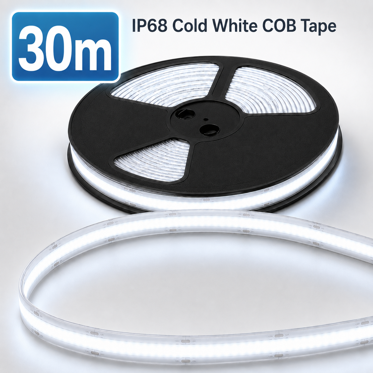 24V COB LED Strip Light Cold White 6500K – IP68 Waterproof Dotless Super Bright Self-Adhesive LED Tape, 1m–100m