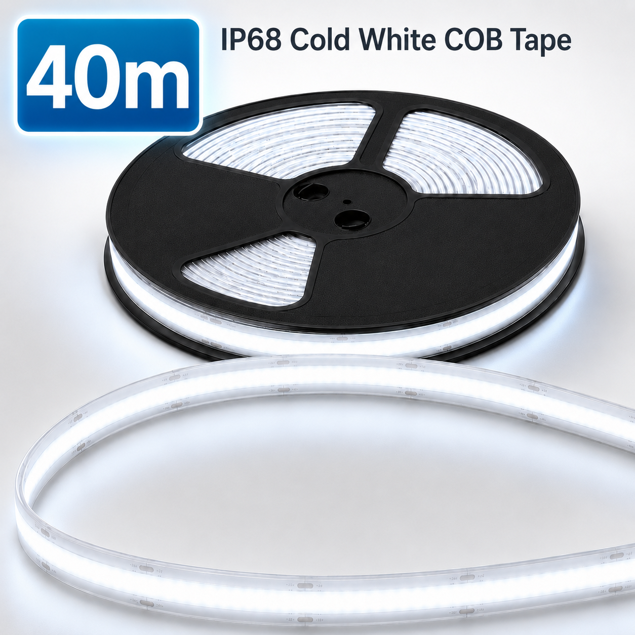 24V COB LED Strip Light Cold White 6500K – IP68 Waterproof Dotless Super Bright Self-Adhesive LED Tape, 1m–100m