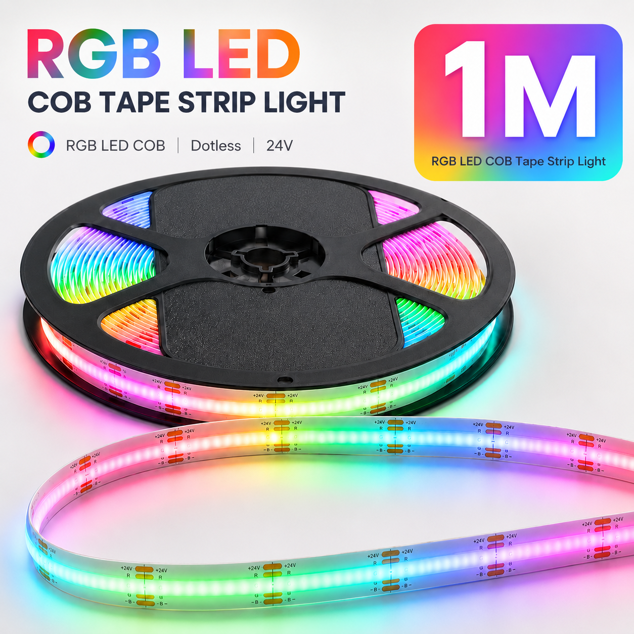 24V RGB COB LED Strip Light – Colour Changing Dotless Tape, Super Bright Self-Adhesive 3M Backing, 1m–100m