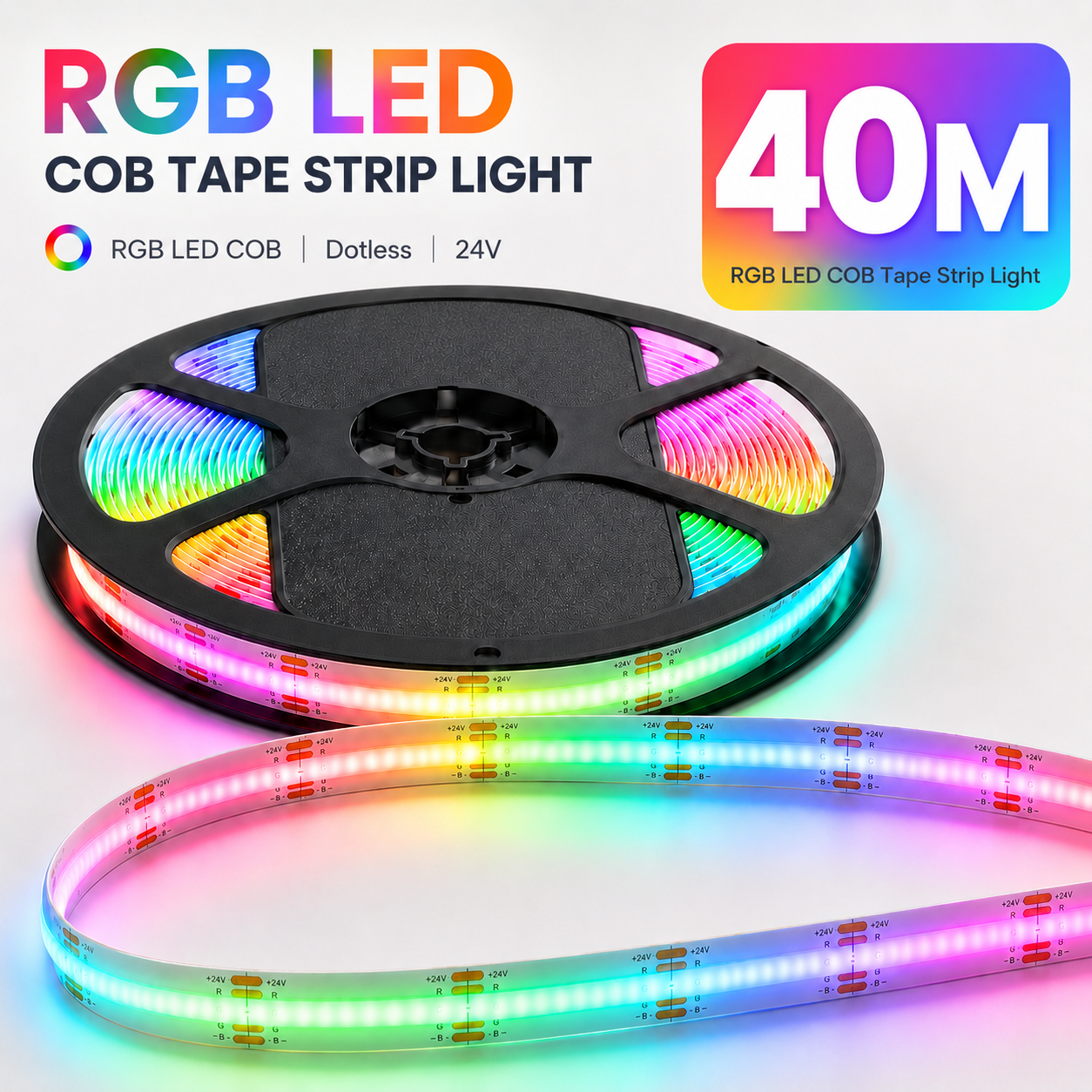24V RGB COB LED Strip Light – Colour Changing Dotless Tape, Super Bright Self-Adhesive 3M Backing, 1m–100m
