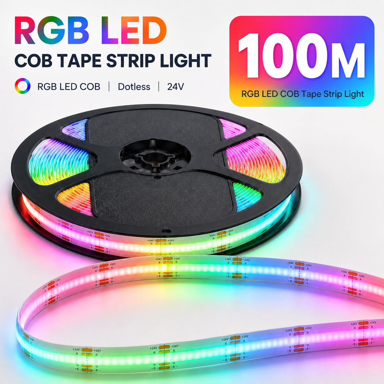 24V RGB COB LED Strip Light – Colour Changing Dotless Tape, Super Bright Self-Adhesive 3M Backing, 1m–100m