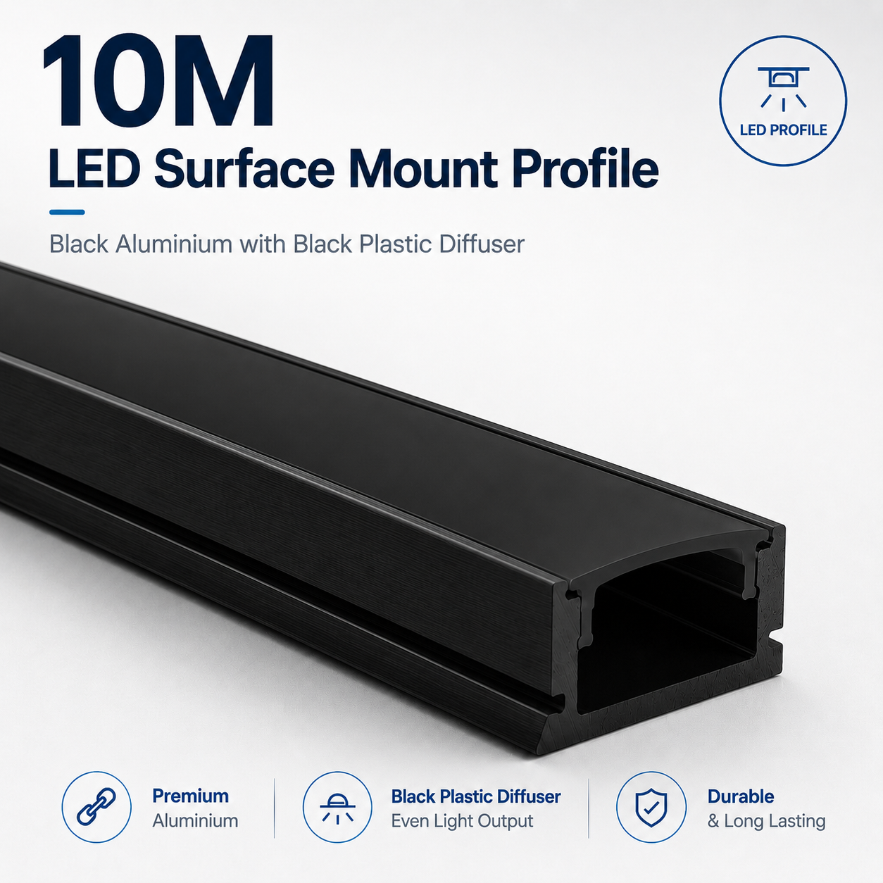 Black Surface Mounted Aluminium LED Strip Profile with Opal Diffuser – 2M Lengths | 2M–100M Kits
