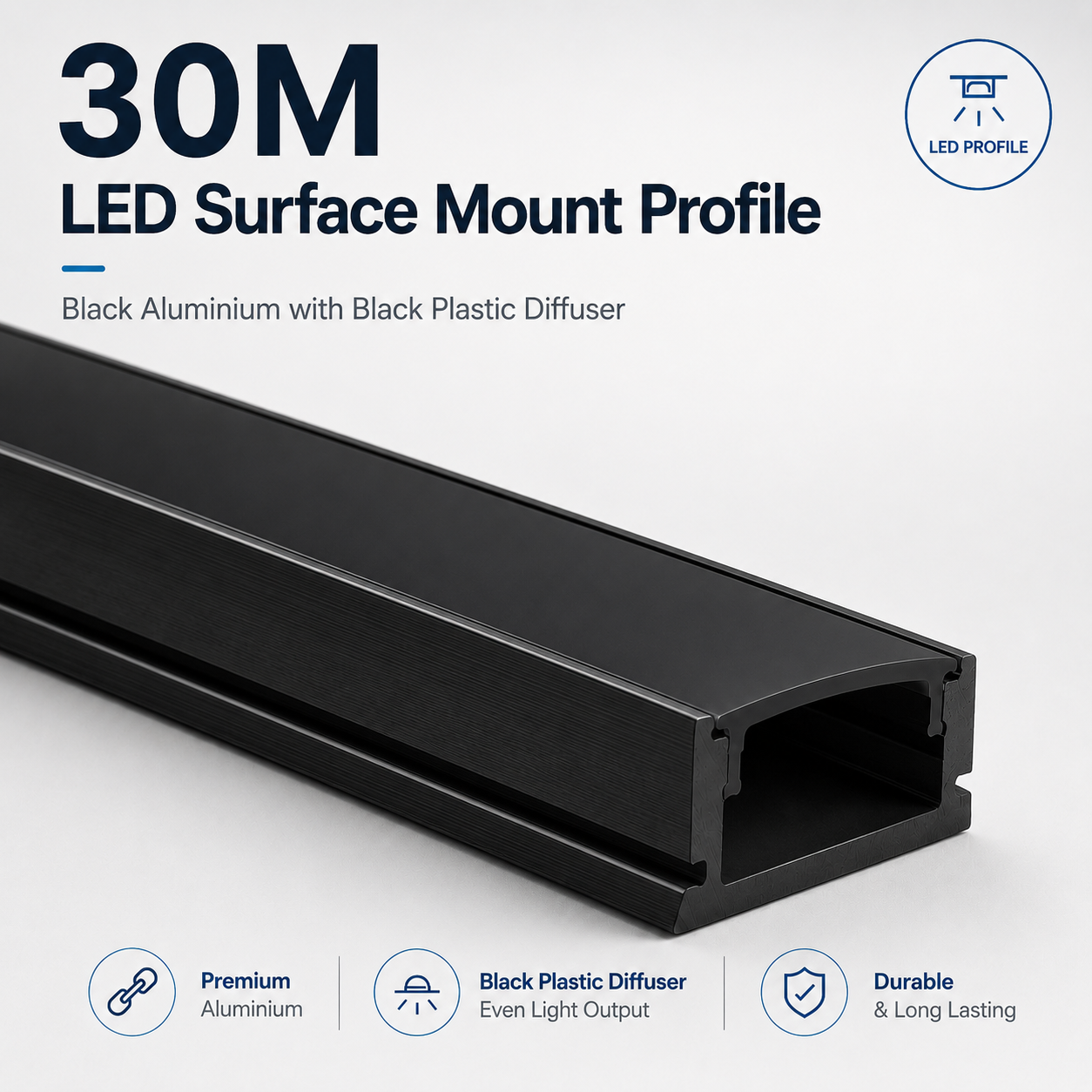 Black Surface Mounted Aluminium LED Strip Profile with Opal Diffuser – 2M Lengths | 2M–100M Kits