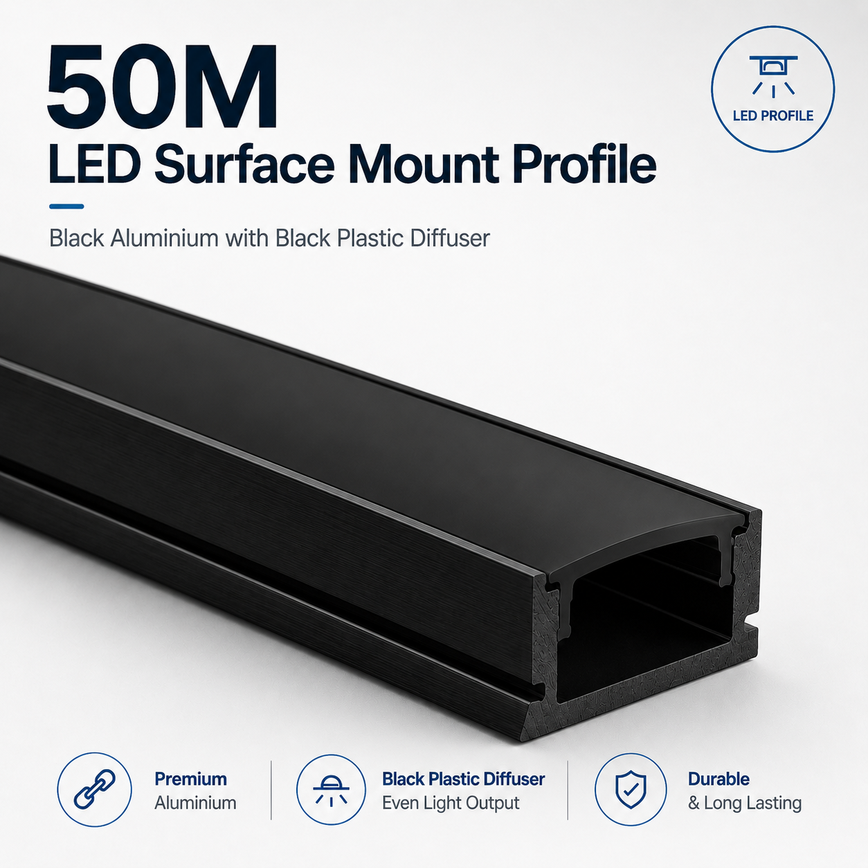 Black Surface Mounted Aluminium LED Strip Profile with Opal Diffuser – 2M Lengths | 2M–100M Kits