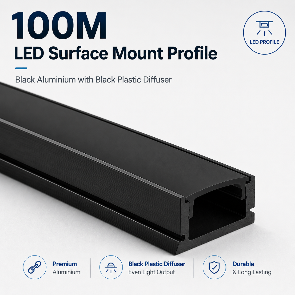 Black Surface Mounted Aluminium LED Strip Profile with Opal Diffuser – 2M Lengths | 2M–100M Kits