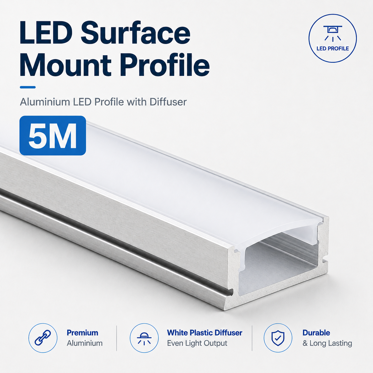 Surface Mounted Aluminium LED Strip Profile with Opal Diffuser – 2M Lengths | 2M–100M Kits