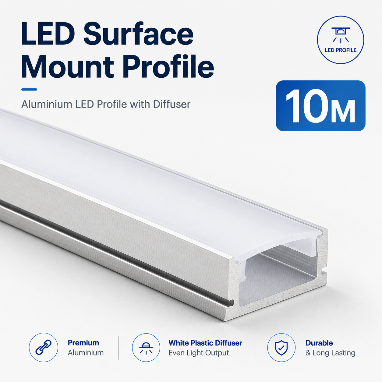 Surface Mounted Aluminium LED Strip Profile with Opal Diffuser – 2M Lengths | 2M–100M Kits
