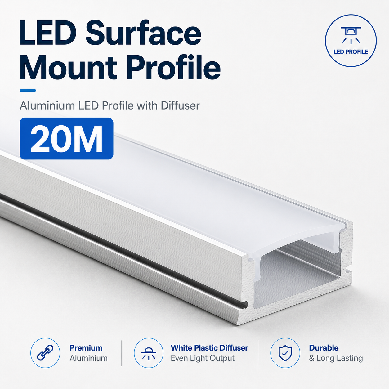Surface Mounted Aluminium LED Strip Profile with Opal Diffuser – 2M Lengths | 2M–100M Kits