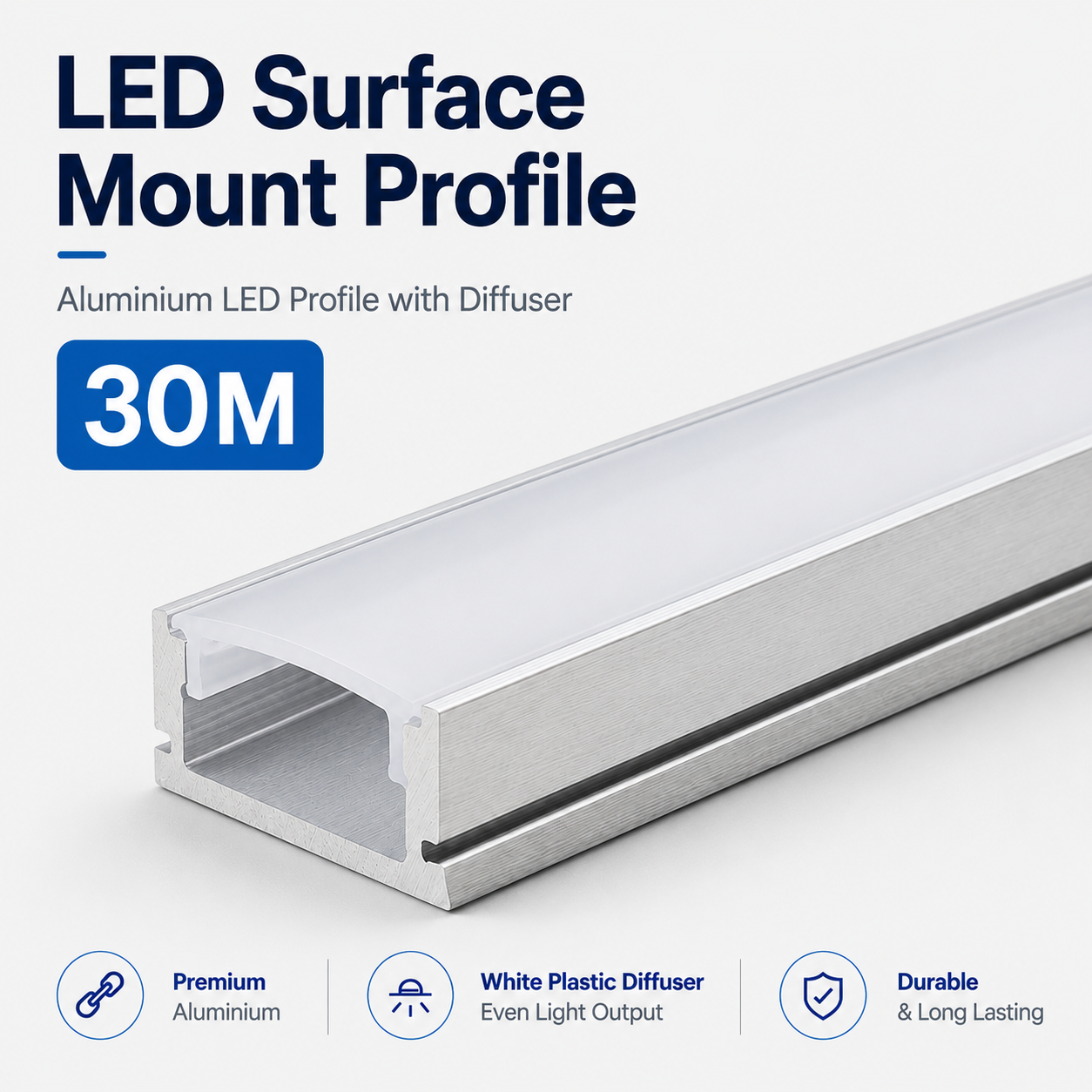 Surface Mounted Aluminium LED Strip Profile with Opal Diffuser – 2M Lengths | 2M–100M Kits
