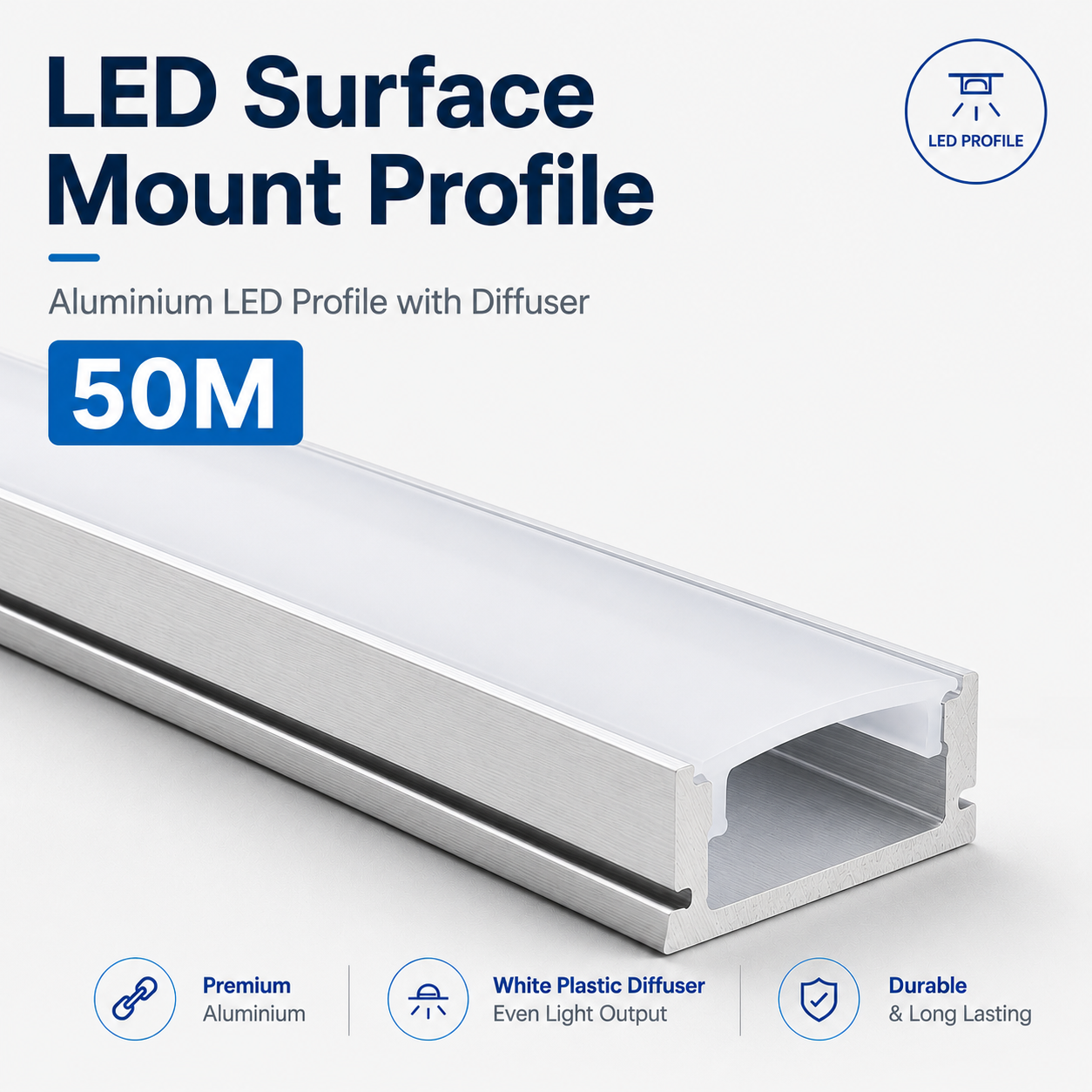 Surface Mounted Aluminium LED Strip Profile with Opal Diffuser – 2M Lengths | 2M–100M Kits