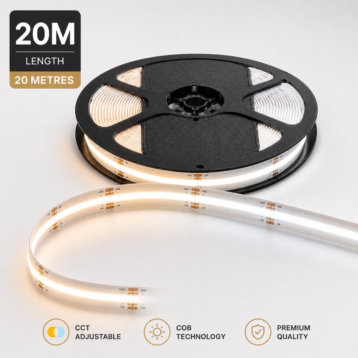 24V CCT COB LED Strip Light Tunable White 2700K–6500K – Dotless Super Bright Self Adhesive LED Tape, 1m–100m