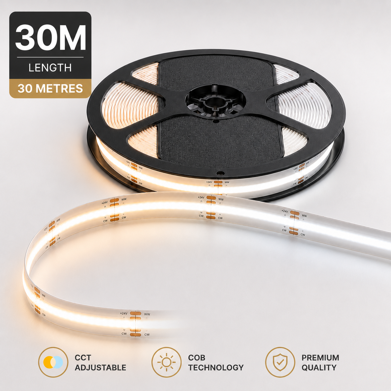 24V CCT COB LED Strip Light Tunable White 2700K–6500K – Dotless Super Bright Self Adhesive LED Tape, 1m–100m