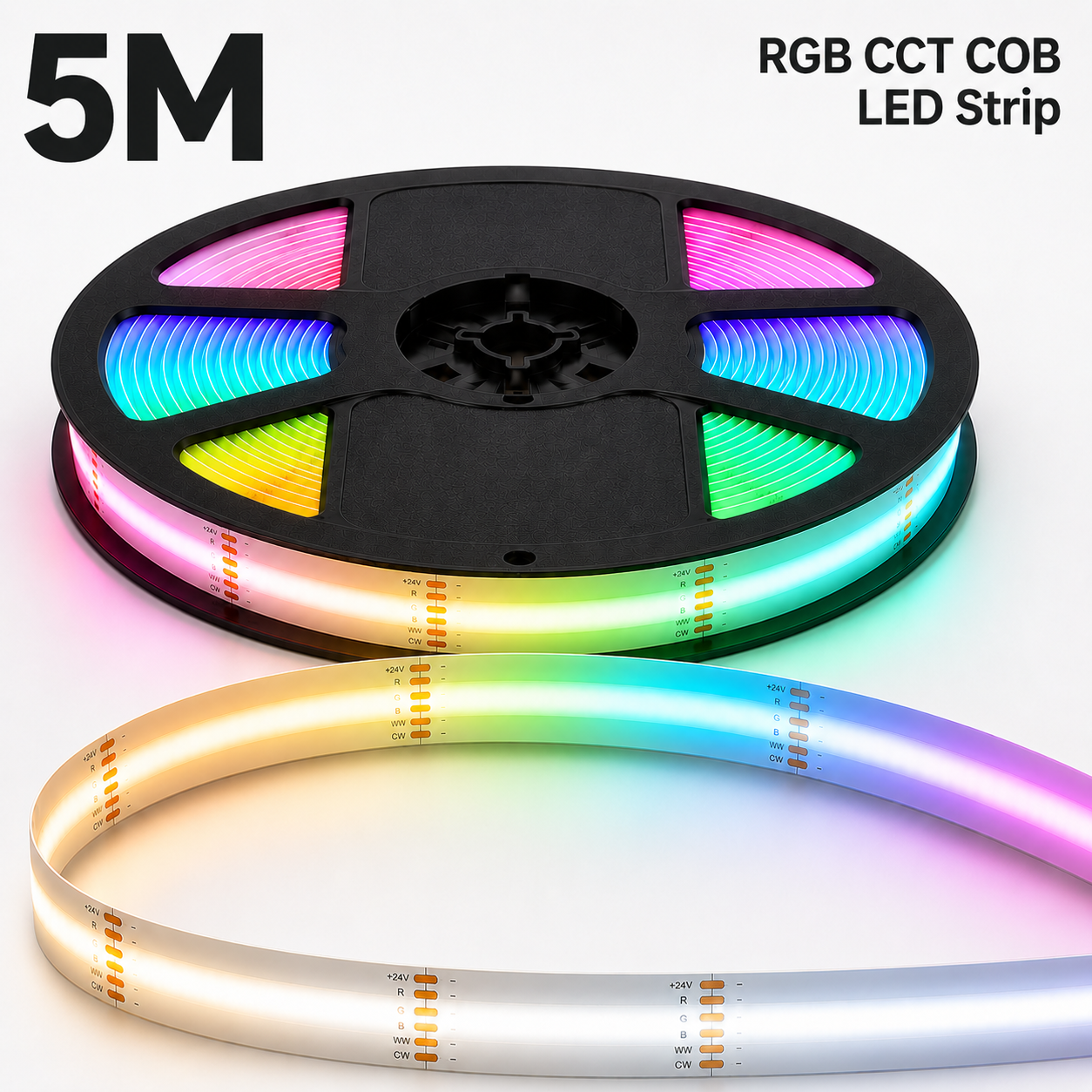 24V RGB+CCT COB LED Strip Light – Colour Changing Dotless Tape, Tunable White 2700K–6500K, 1m–100m