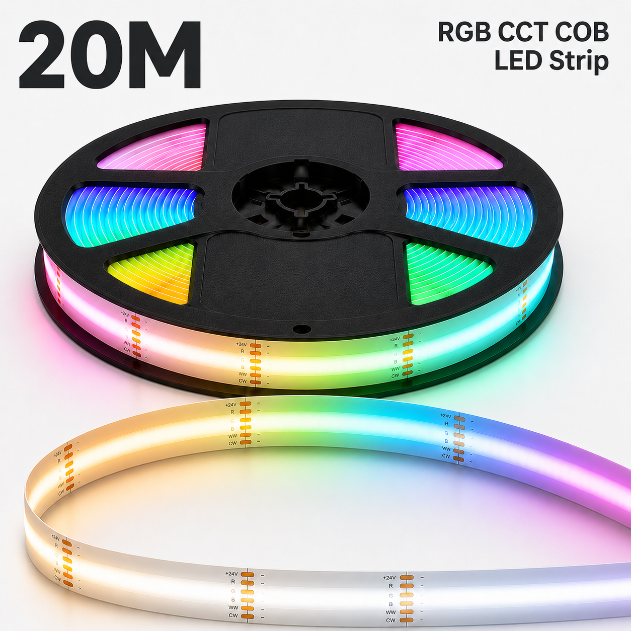 24V RGB+CCT COB LED Strip Light – Colour Changing Dotless Tape, Tunable White 2700K–6500K, 1m–100m