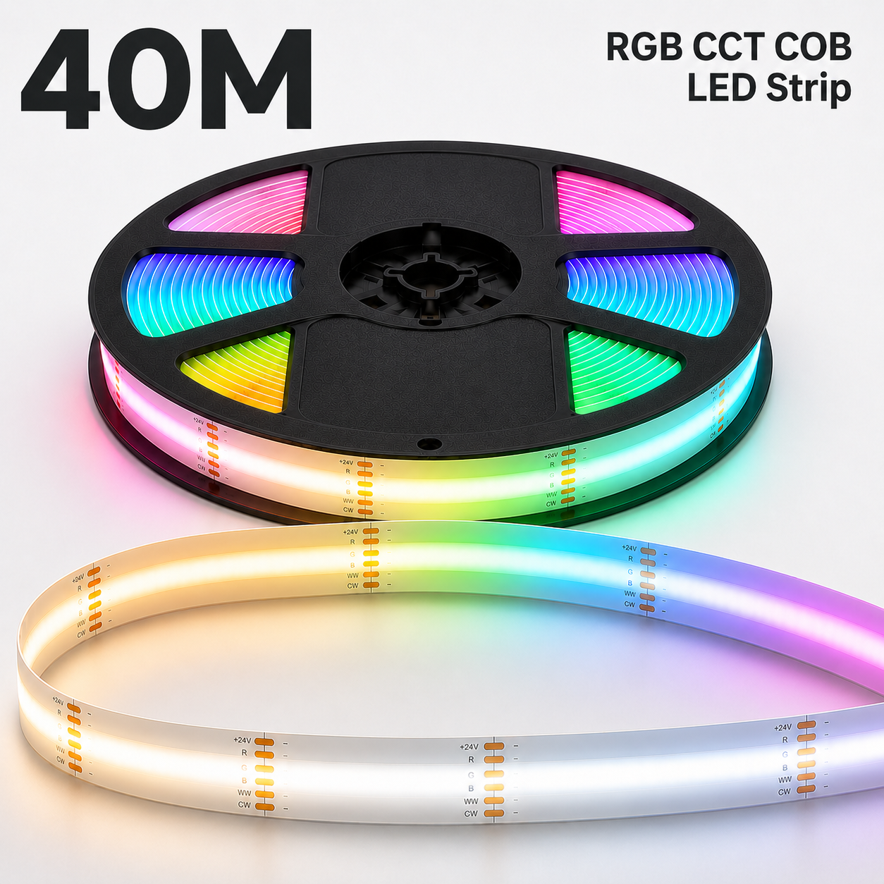 24V RGB+CCT COB LED Strip Light – Colour Changing Dotless Tape, Tunable White 2700K–6500K, 1m–100m