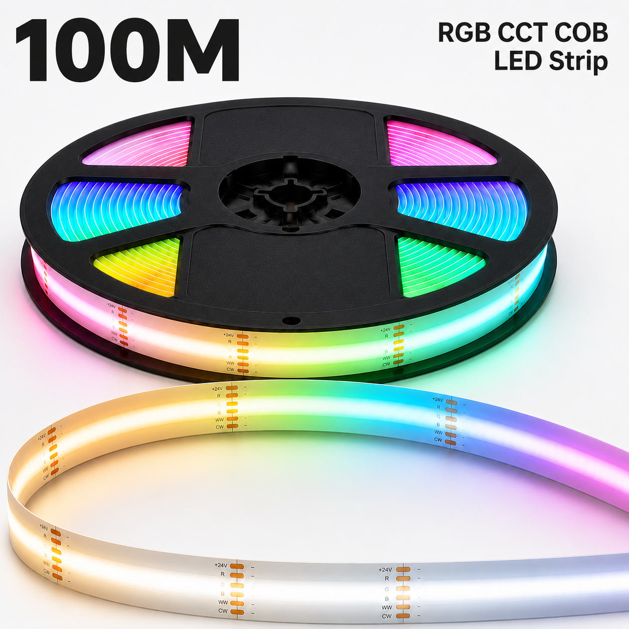 24V RGB+CCT COB LED Strip Light – Colour Changing Dotless Tape, Tunable White 2700K–6500K, 1m–100m