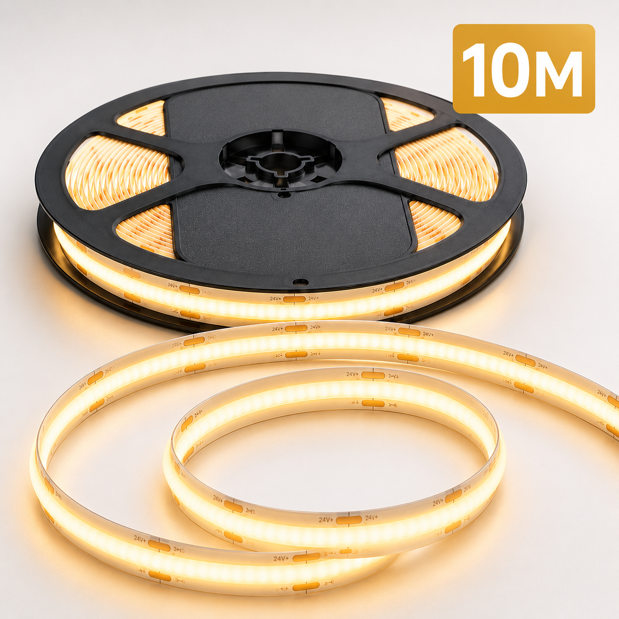 24V COB LED Strip Light Warm White 3000K – IP65 Waterproof Dotless Super Bright Self-Adhesive LED Tape, 1m–100m