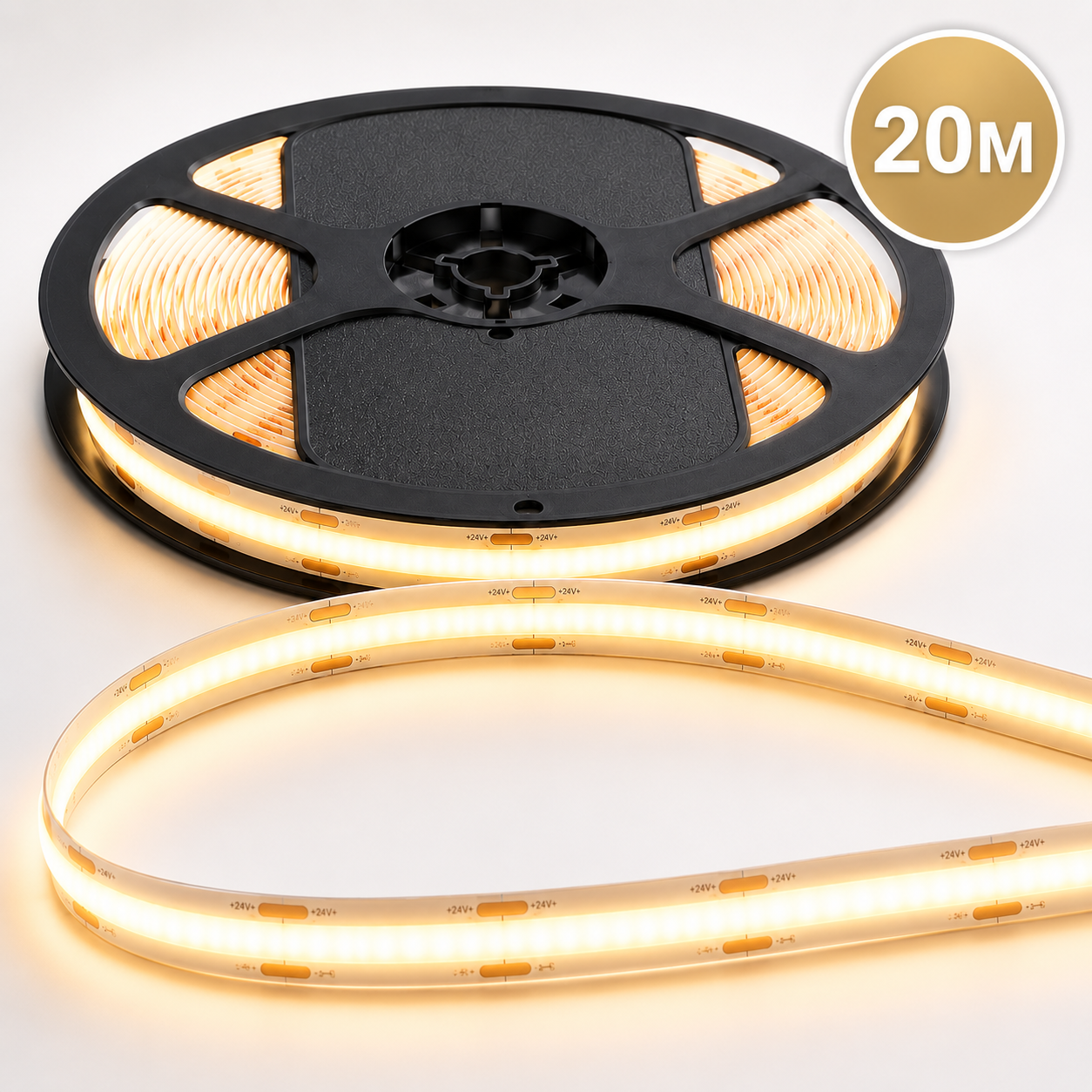 24V COB LED Strip Light Warm White 3000K – IP65 Waterproof Dotless Super Bright Self-Adhesive LED Tape, 1m–100m