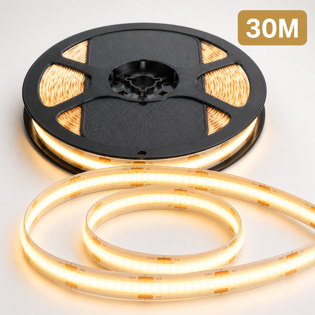 24V COB LED Strip Light Warm White 3000K – Dotless Super Bright Self Adhesive LED Tape, 1m–100m