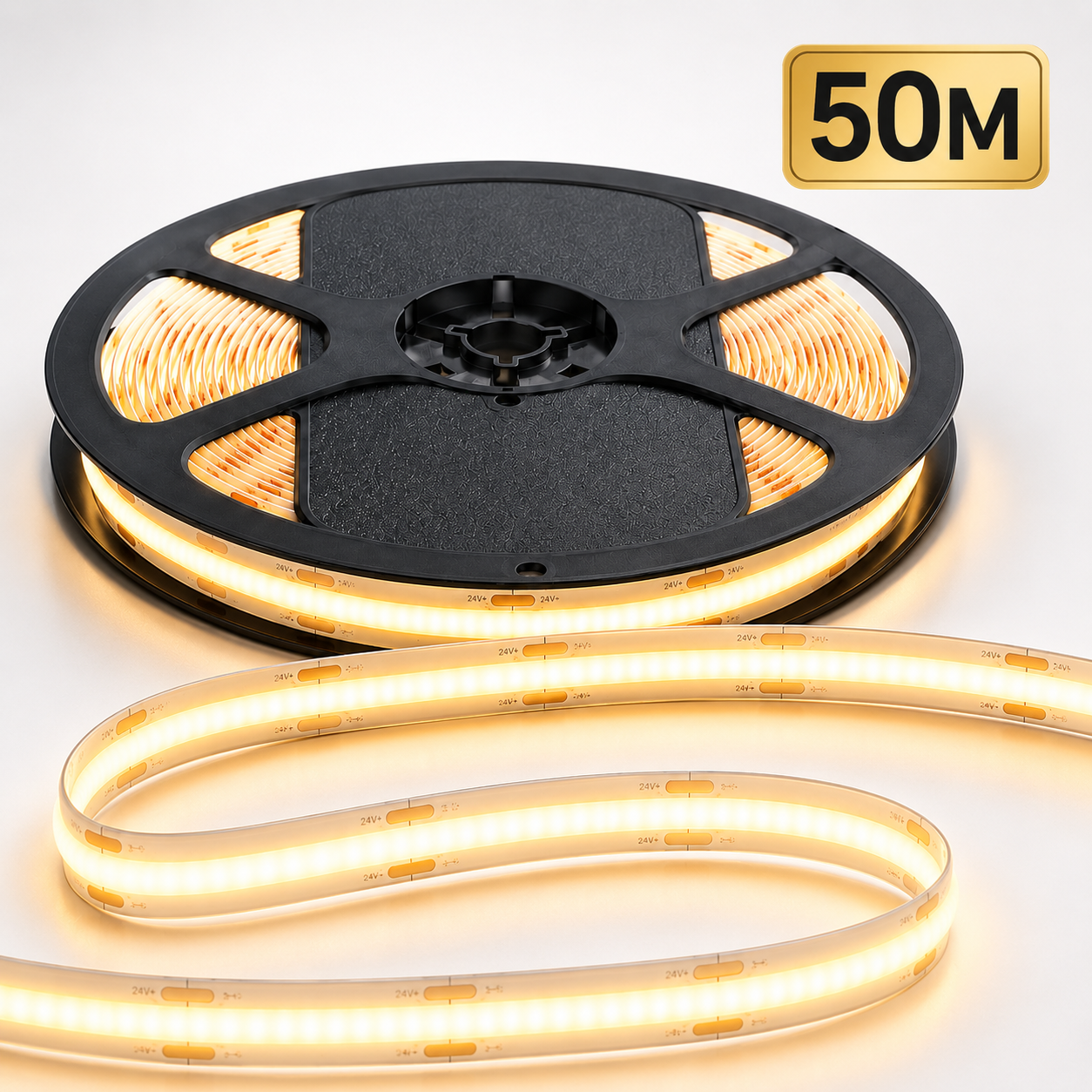 24V COB LED Strip Light Warm White 3000K – Dotless Super Bright Self Adhesive LED Tape, 1m–100m