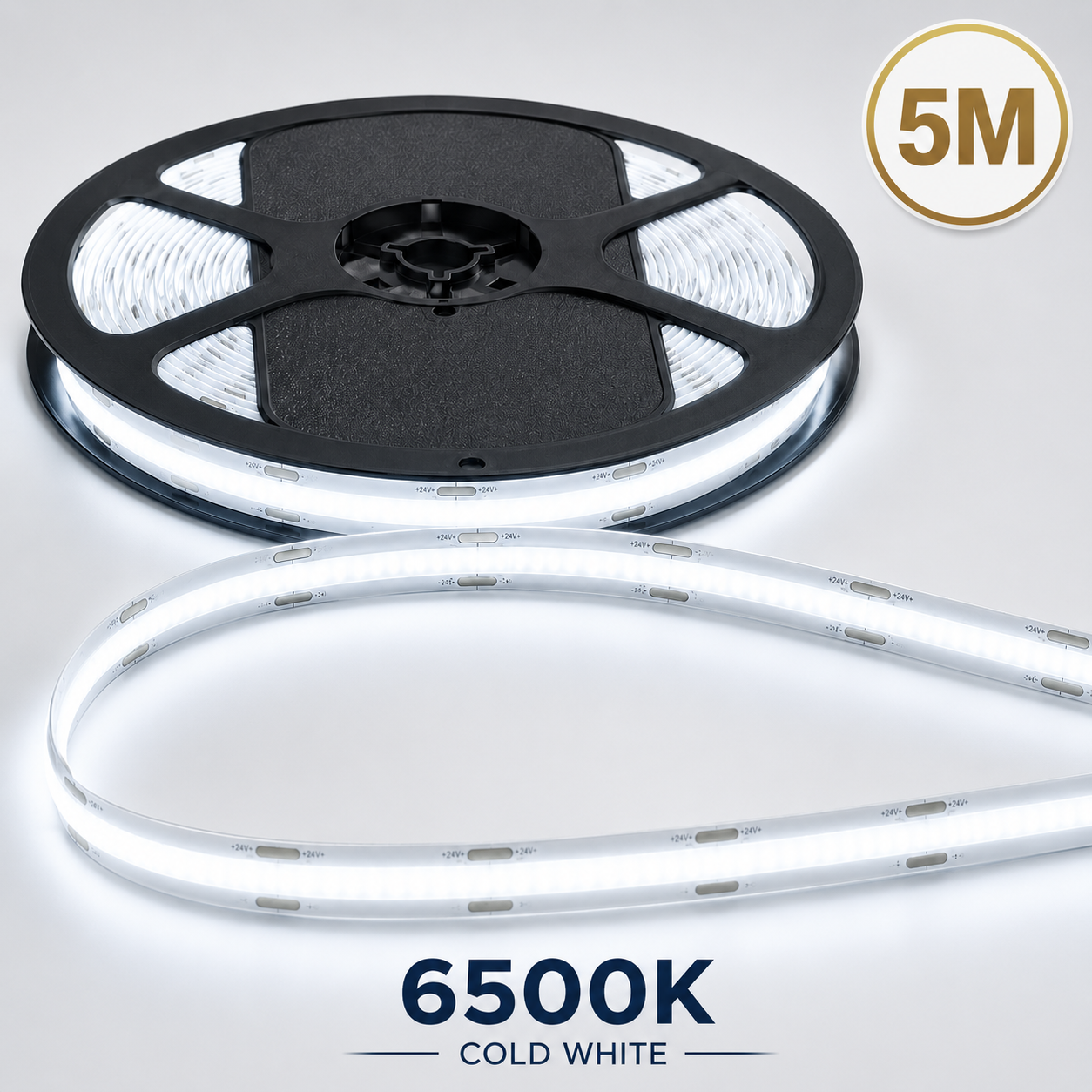 24V COB LED Strip Light Cool White 6500K – Dotless Super Bright Self Adhesive LED Tape, 1m–100m