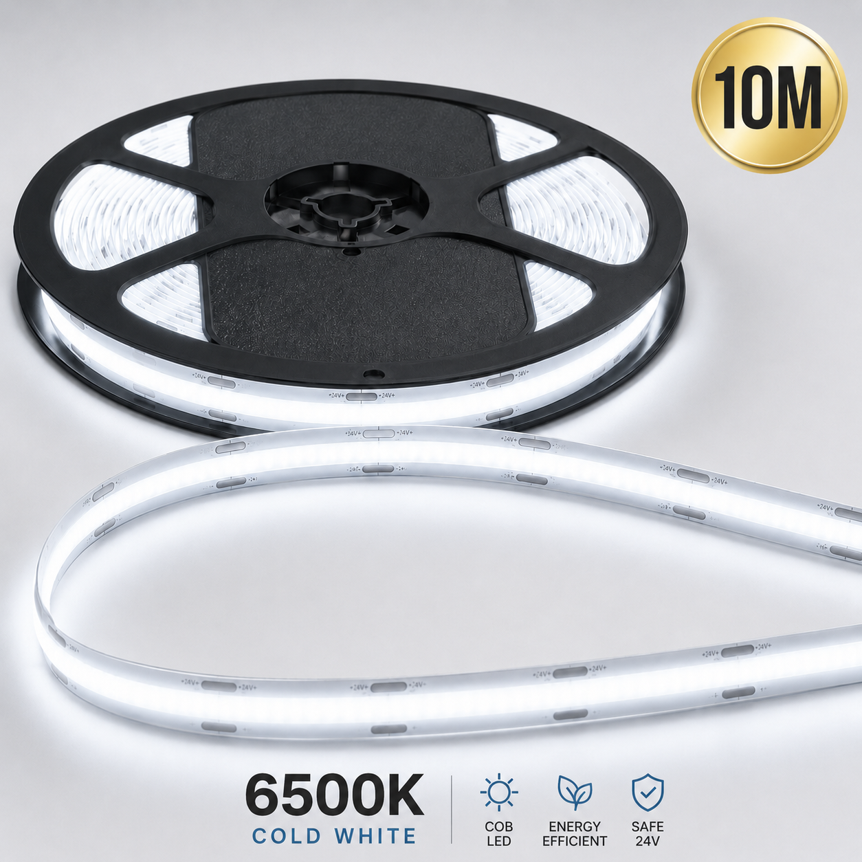 24V COB LED Strip Light Cool White 6500K – Dotless Super Bright Self Adhesive LED Tape, 1m–100m