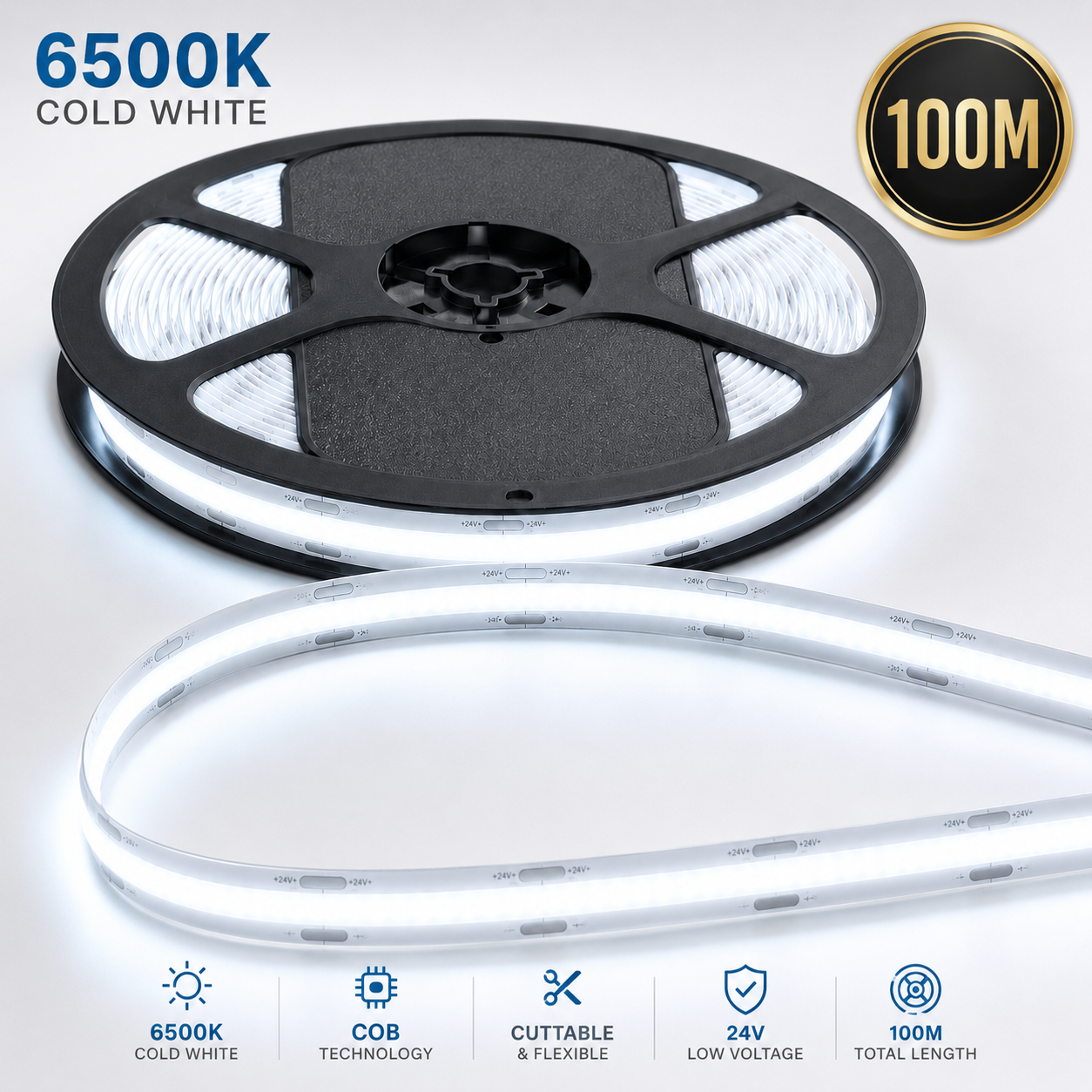 24V COB LED Strip Light Cool White 6500K – Dotless Super Bright Self Adhesive LED Tape, 1m–100m
