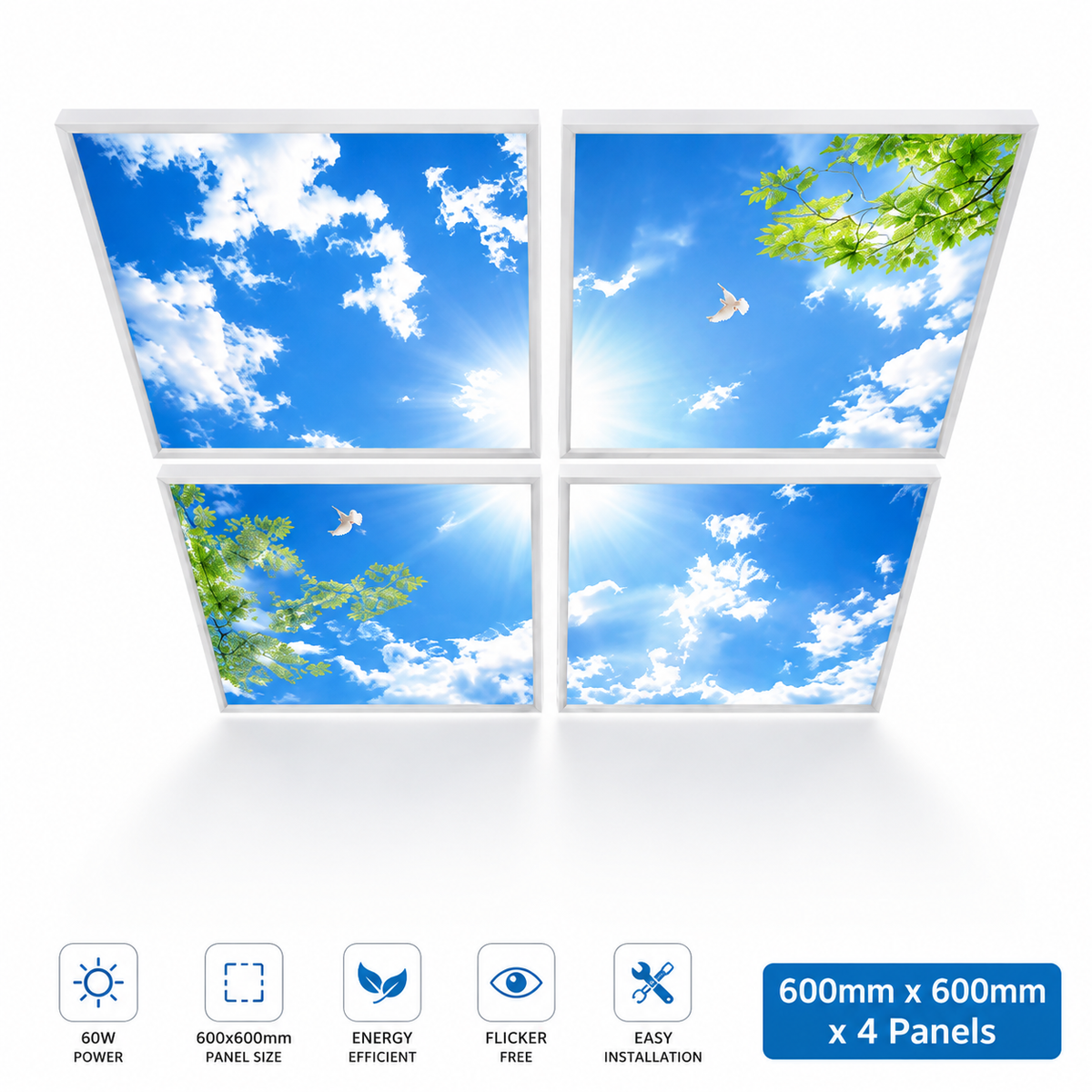 Four 600x600mm LED sky ceiling panels with decorative blue sky and white cloud design