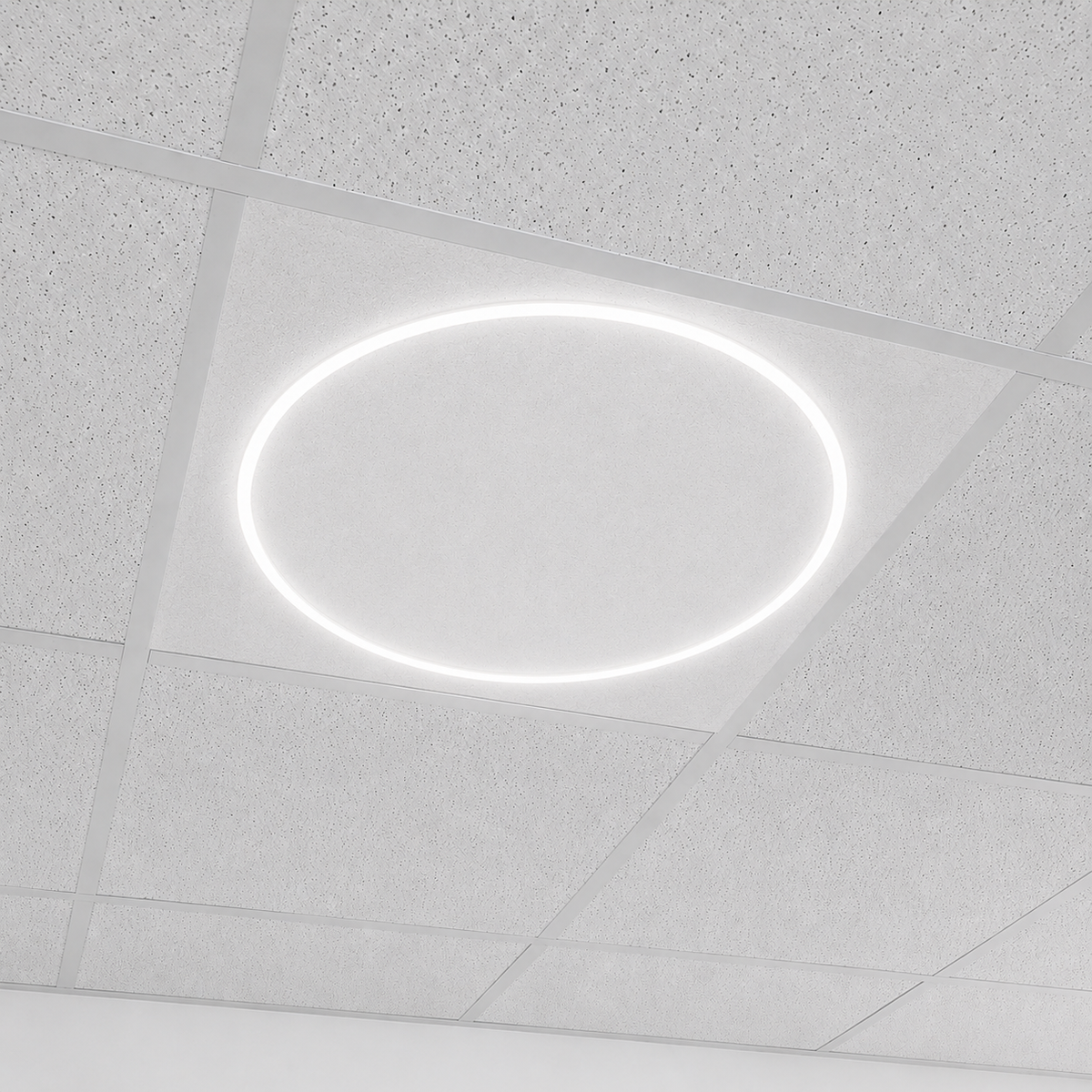 Kanlux AVAR O 40W round LED panel light installed in 600x600 suspended ceiling grid