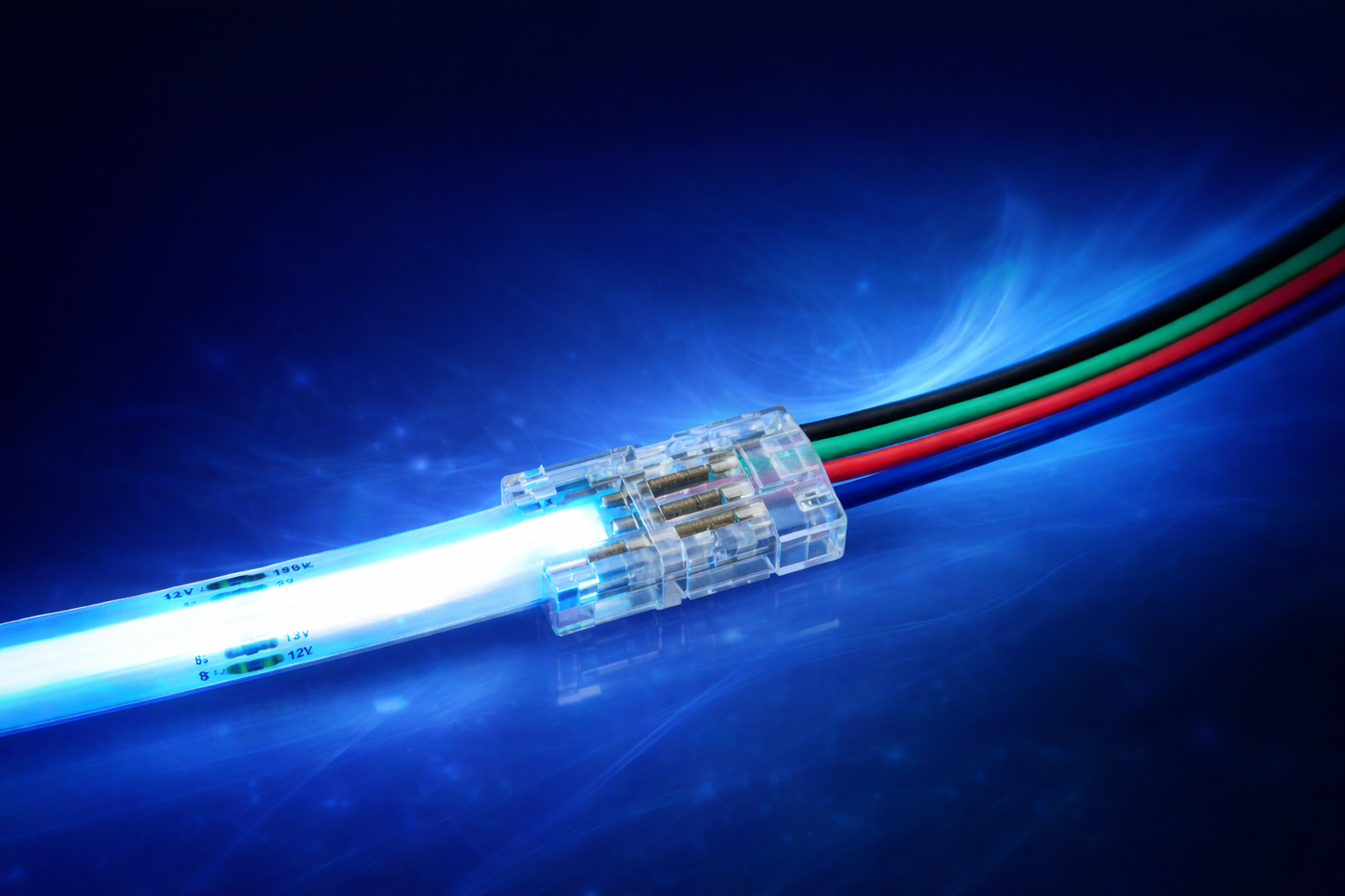 Transparent 4-pin wire connector attached to an illuminated RGB COB LED strip, with black, green, red and blue wires extending from one side against a blue glowing background.