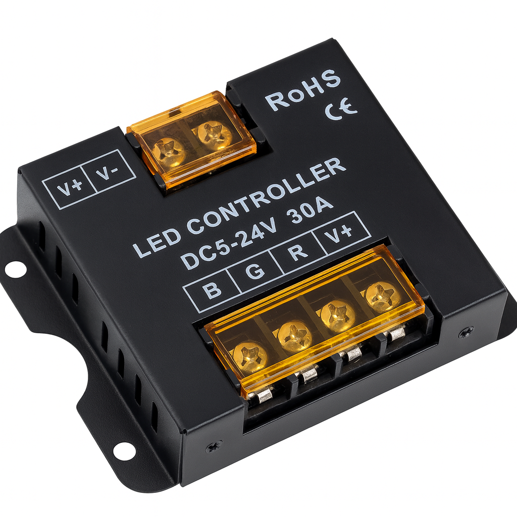 Black RGB LED controller with screw terminals labelled B, G, R and V+, isolated on a light grey background.