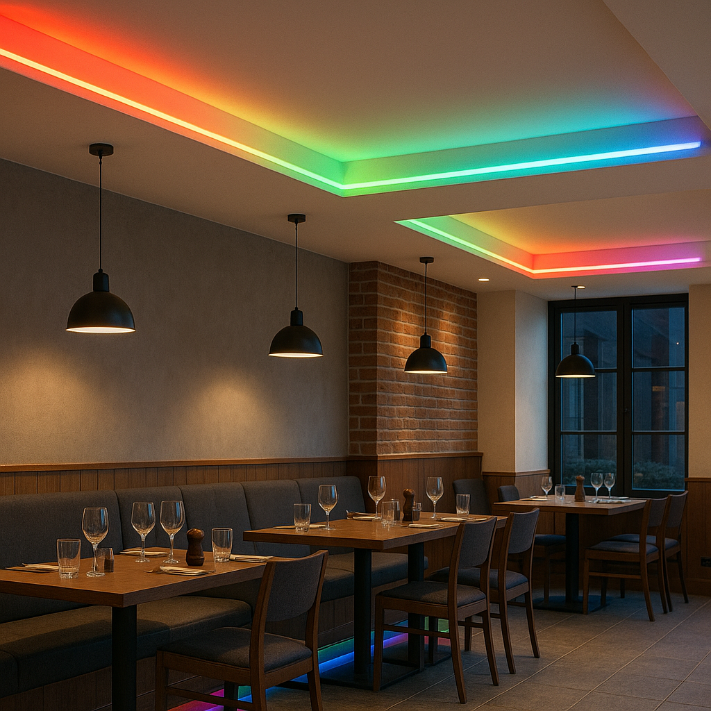 Contemporary restaurant dining area illuminated with RGB LED strip lighting around the ceiling and under the benches, blending red, green, blue, and pink tones for a colourful ambient effect.