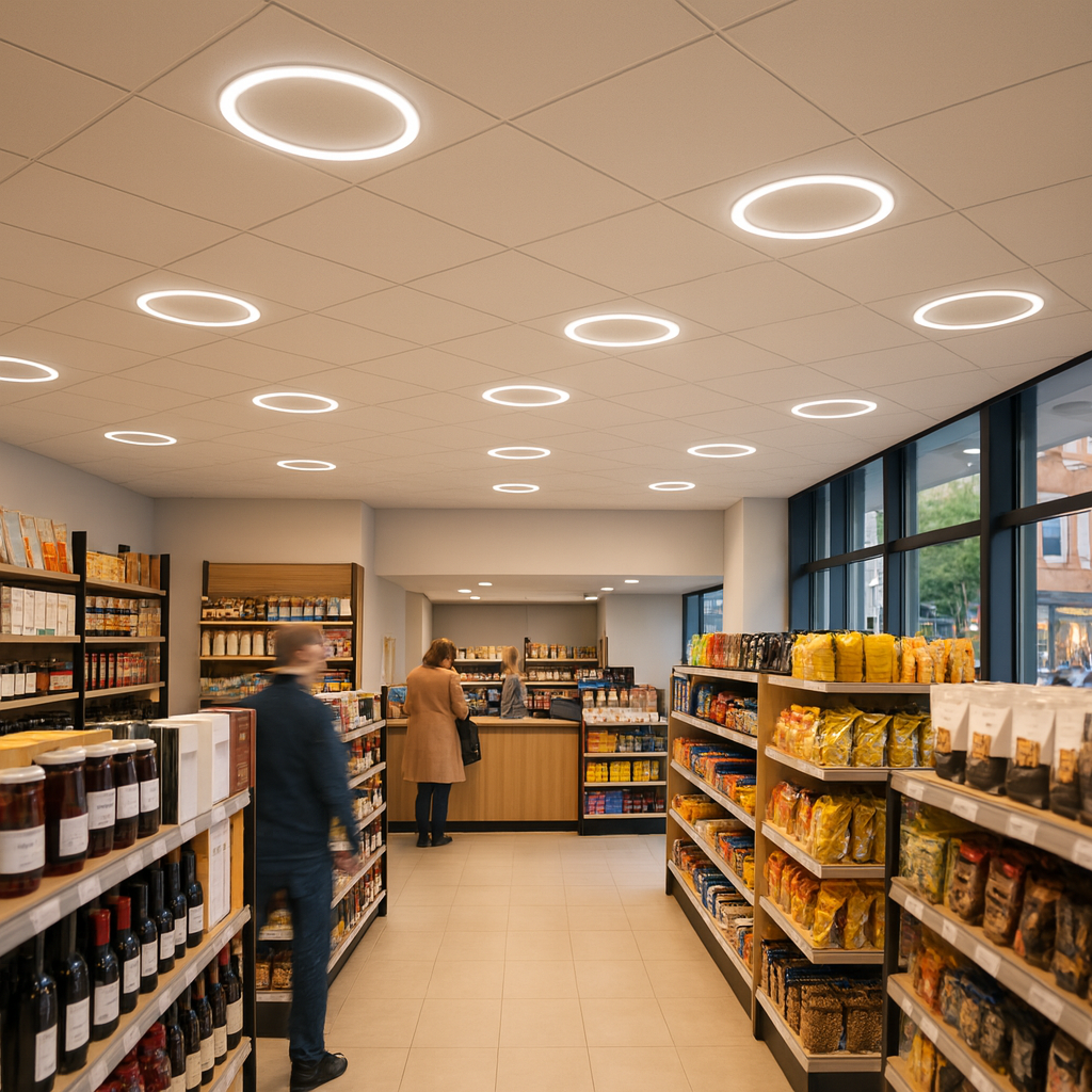 Round LED ceiling lights illuminating a commercial shop interior