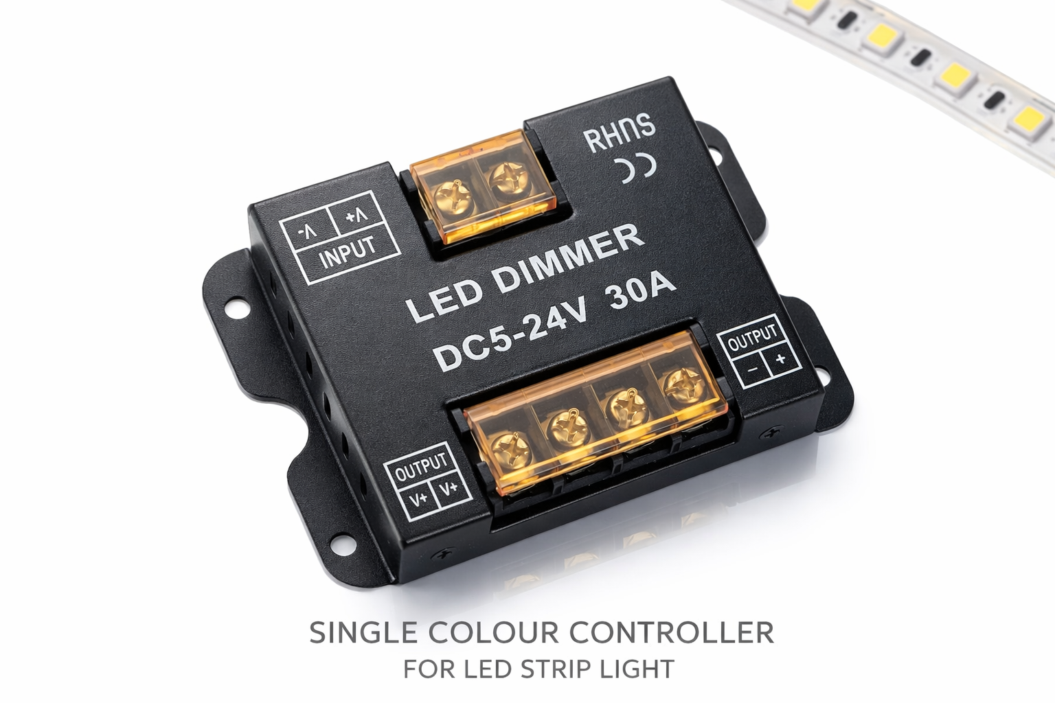 White wall-mounted Single Colour LED touch controller with colour wheel and function buttons, shown above a multicolour LED strip light.