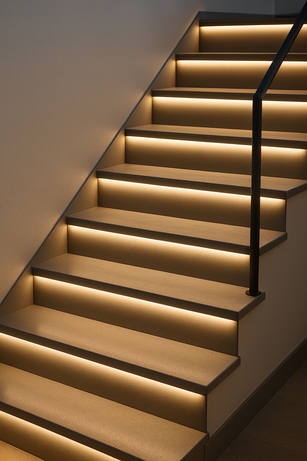 Modern staircase with warm white LED strip lighting fitted beneath each stair tread, creating a soft architectural glow along the steps and handrail.