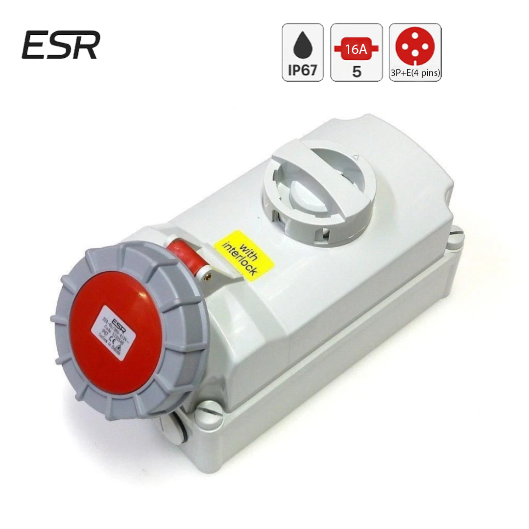 16 Amp 4 Pin Interlock Socket Red Waterproof IP67 Switched 415V 16 Amp 3 Phase