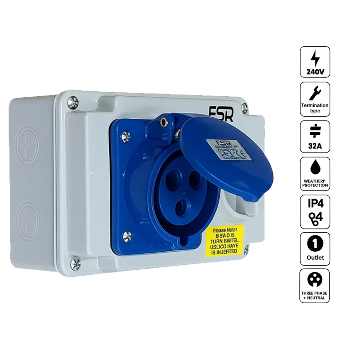 ESR Interlocked Socket 3 Pin Single Phase 240v IP44 2P+E 32A Weatherproof Switch
