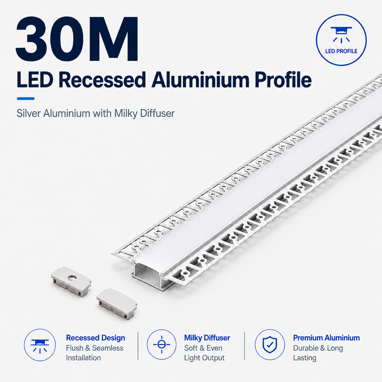 Silver Recessed Aluminium LED Strip Profile with Milky Diffuser – 2M Lengths | 2M–100M Kits